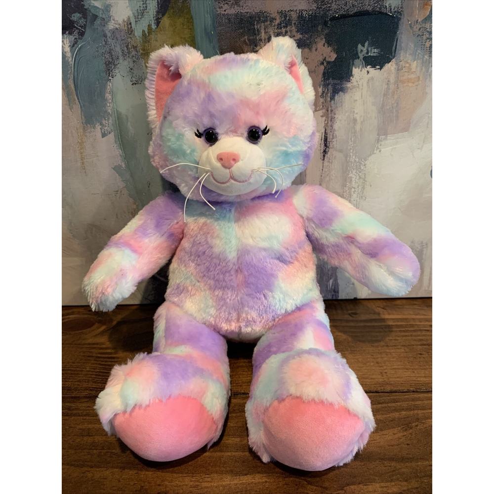 BUILD A BEAR Soft 17” Plush Stuffed Kitty Cat Pastel Rainbow Swirl Cotton Candy